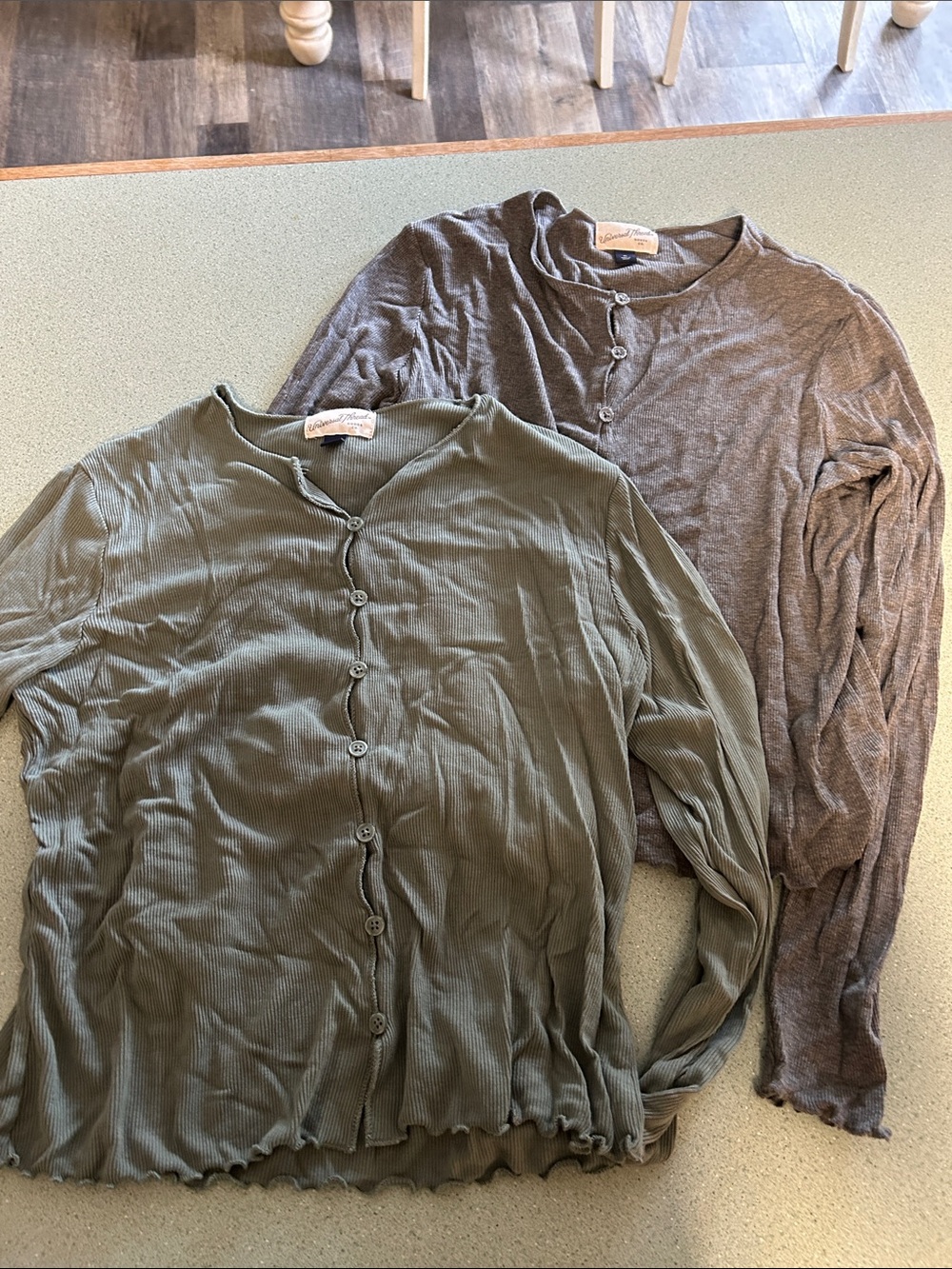 Universal Thread Olive Green and Taupe Ribbed Button-Front Tops (2)